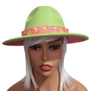 Fedora Hat Green Outside & Hot Pink Inside with Pink Emoji Headband